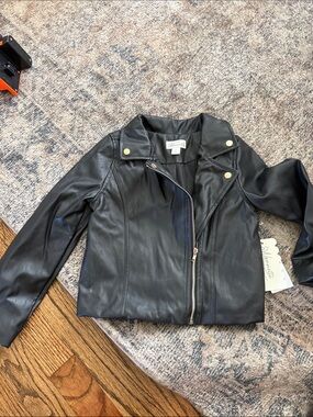 Black Faux Leather Moto Jacket with Gold Hardware